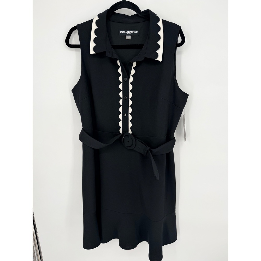 Karl Lagerfeld Paris Scalloped Trim Belted Dress Black White Size 16